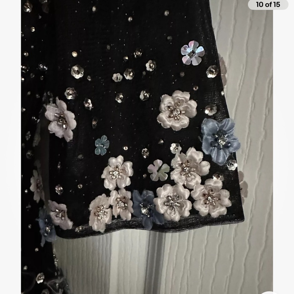 Mac Duggal Floral Appliqué Midi Cocktail Dress Size 6 Mesh romantic Edgy Lined - Picture 9 of 14